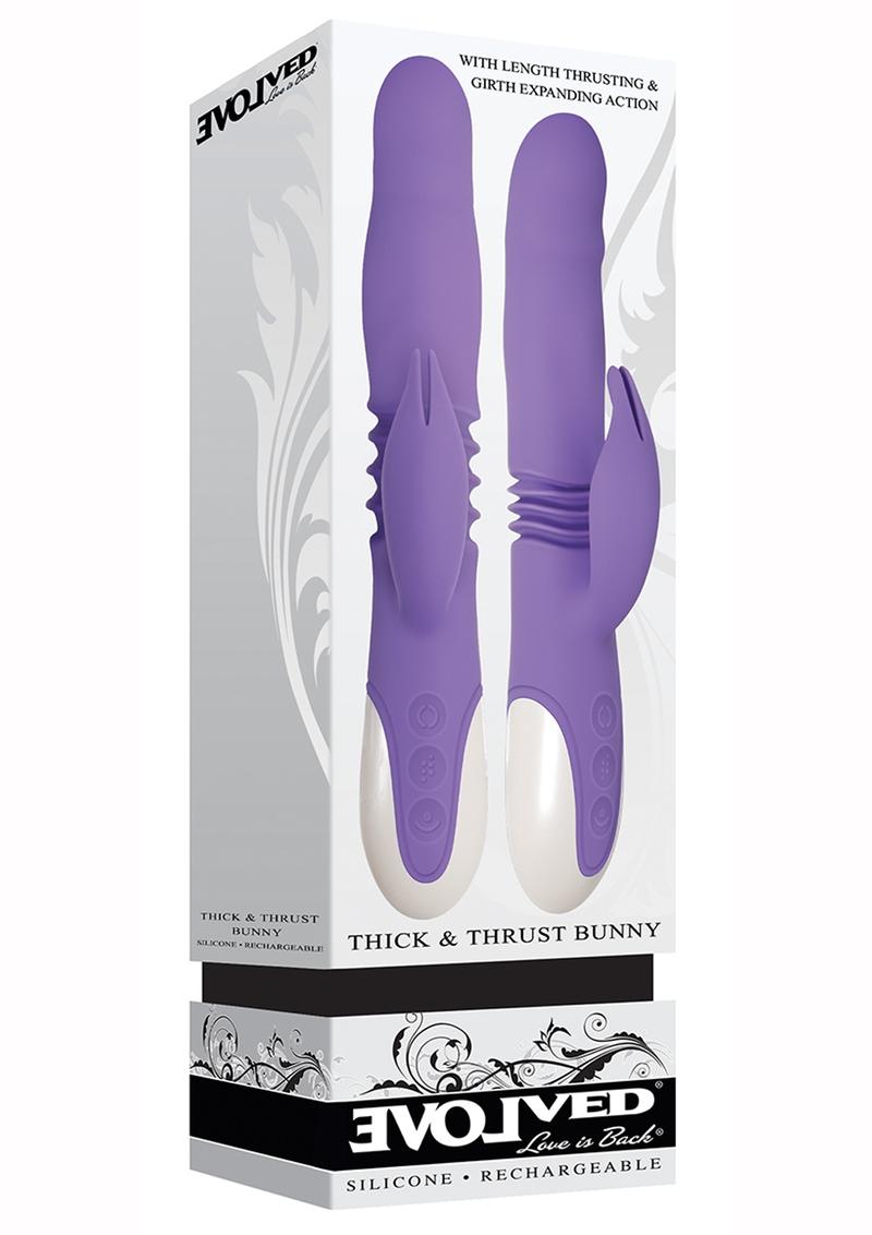 Conejito grueso y potente con acción de expansión de longitud y circunferencia, de silicona, recargable por USB, con doble vibración, resistente al agua, color lavanda