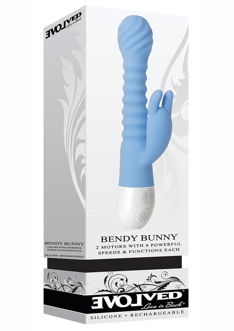 Vibrador de silicona con doble motor y recargable por USB Bendy Bunny, resistente al agua, color azul, 7,5 pulgadas