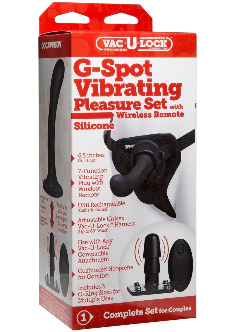 Vac U Lock G-Spot Vibrating Pleasure Set With Wireless Remote USB Rechargeable Silicone Dong Adjustable Straps Black 6.5 Inch