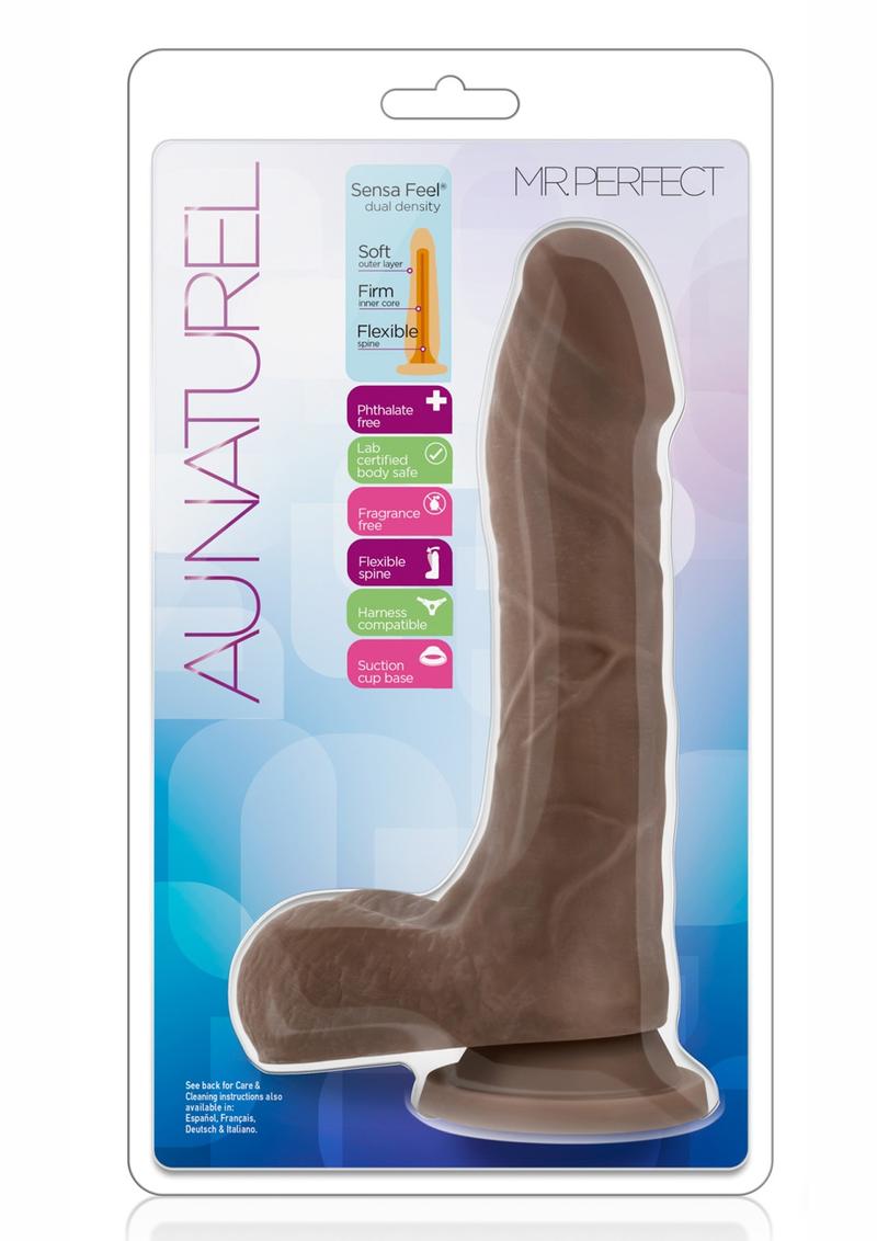 Au Natural Mr. Perfect Dual Dense Realistic Dildo With Balls Suction Base Chocolate 8.5 Inches