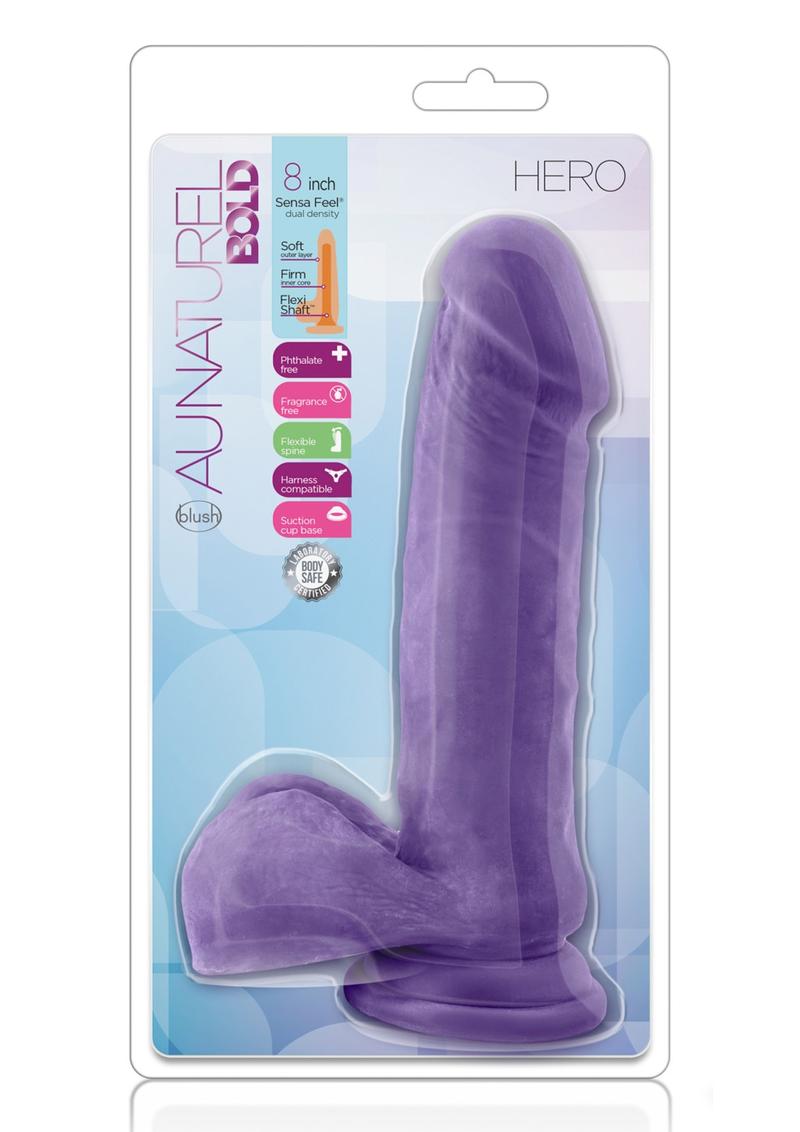 Au Naturel Bold Hero Dildo 8 inch Suction Cup Non Vibrating Purple