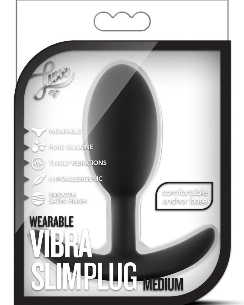 Luxe Wearable Vibra Slim Plug Silicone Medium Black 4 Inches