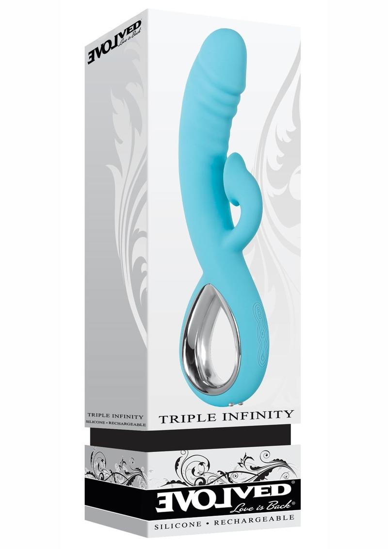 Triple Infinity Silicone USB Rechargeable Clit Sucker Heated Dual Vibrator Splashproof Teal 9.25 Inches