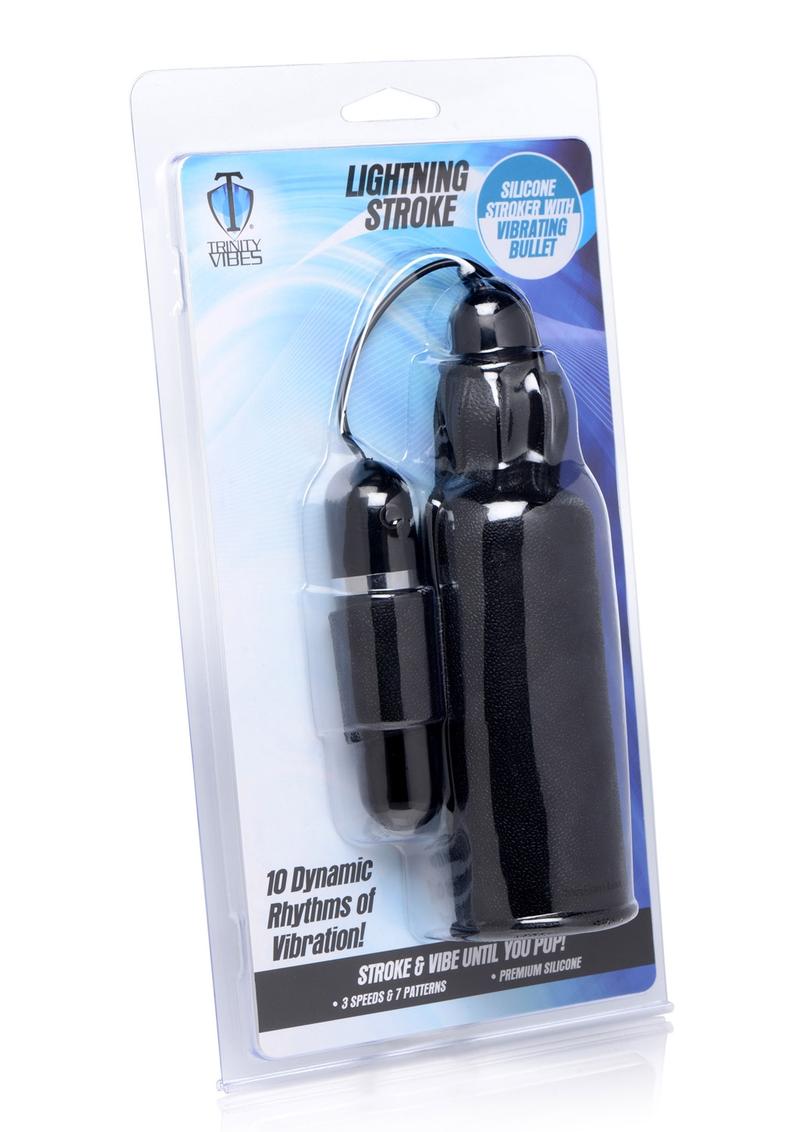 Trinity Vibes Lightning Stroke Silicone Stroker With Vibrating Bullet Black 8 Inches