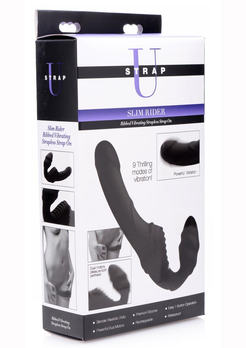 Strap U Slim Rider Silicone Ribbed Vibrating Strapless Strap On USB Rechargeable Waterproof Black 8.5 Inches