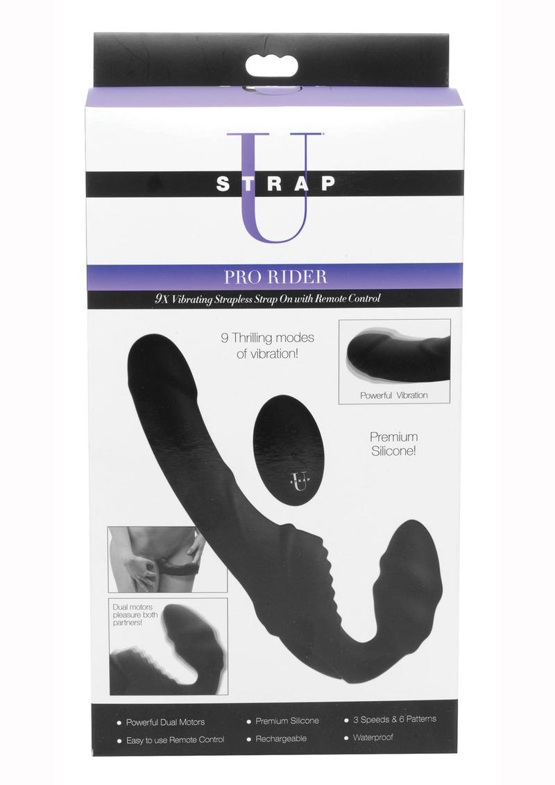 Strap U Pro Rider Silicone 9X Vibrating Strapless Strap On With Wireless Remote USB Rechargeable Waterproof Black 8.5 Inches