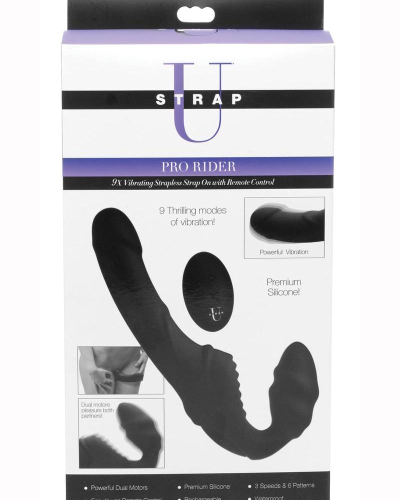 Strap U Pro Rider Silicone 9X Vibrating Strapless Strap On With Wireless Remote USB Rechargeable Waterproof Black 8.5 Inches