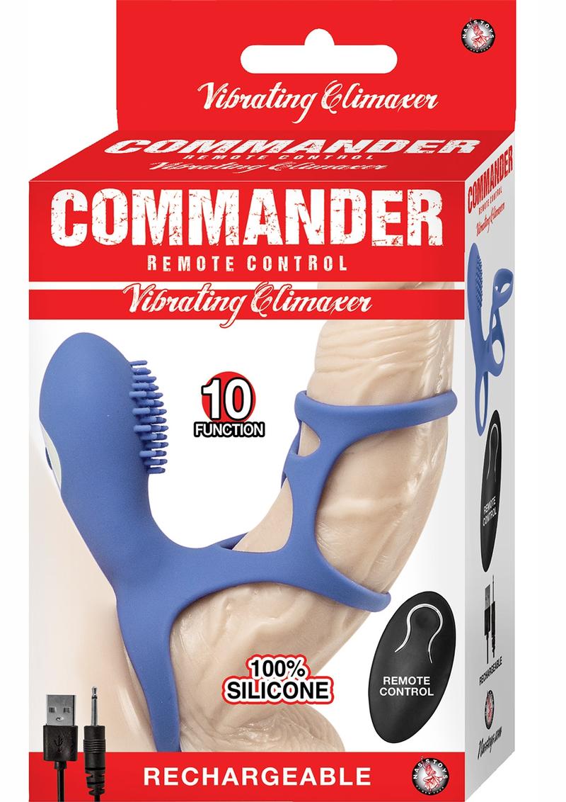 Commander Remote Control Vibrating Climaxer Silicone USB Rechargeable Clit Stimulating Cock Cage Waterproof Blue 2.5 Inches