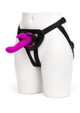 Conjunto de arnés con correa vibradora Happy Rabbit de silicona recargable por USB con vibración de color morado