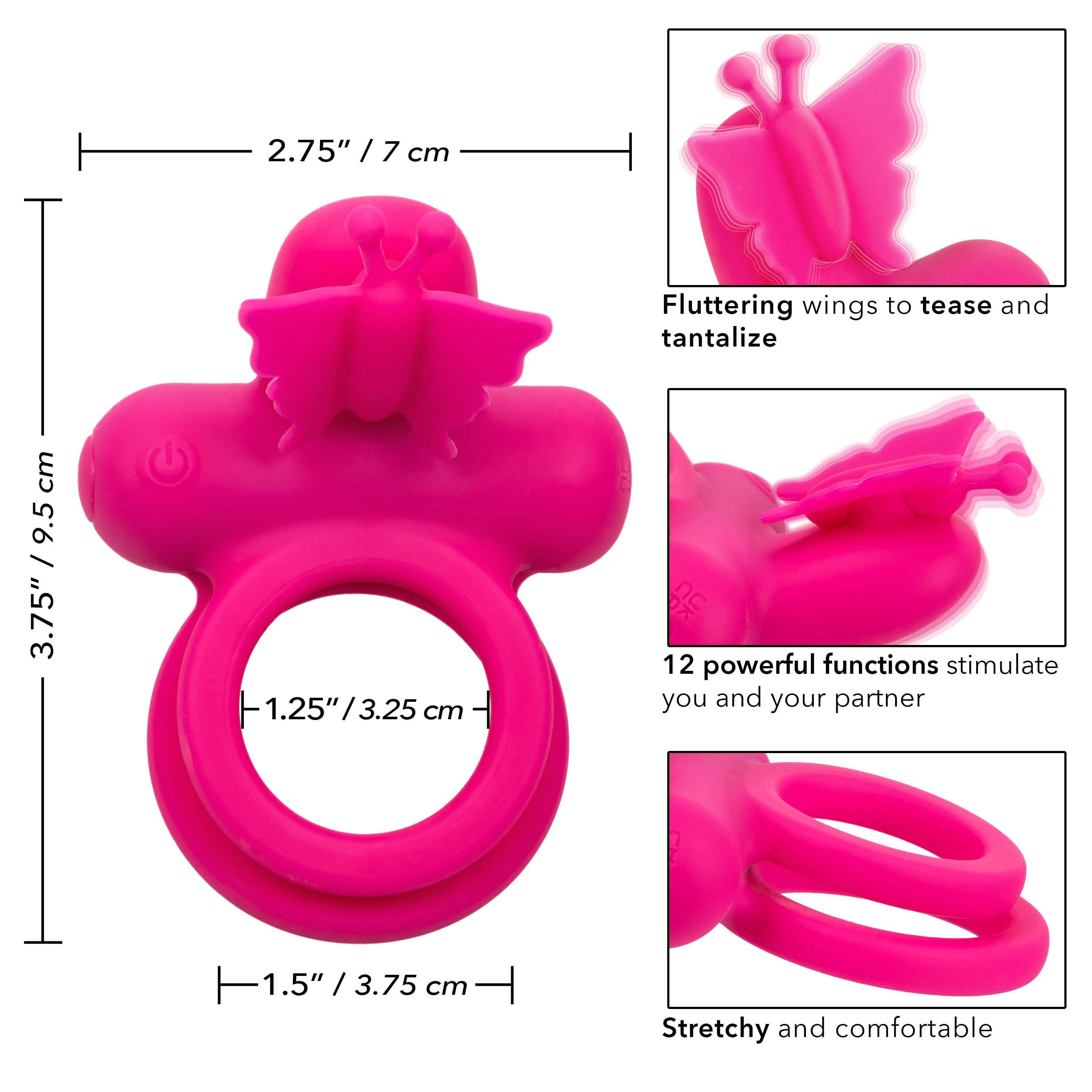 "Silicone Rechargeable Dual Butterfly Ring - Pink SE1843353"