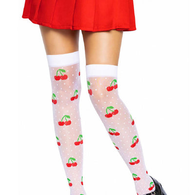 "Sheer Polka Dot Cherry Thigh Highs - One Size - White/red LA-6638WHRDOS"