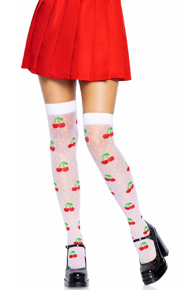 "Sheer Polka Dot Cherry Thigh Highs - One Size - White/red LA-6638WHRDOS"