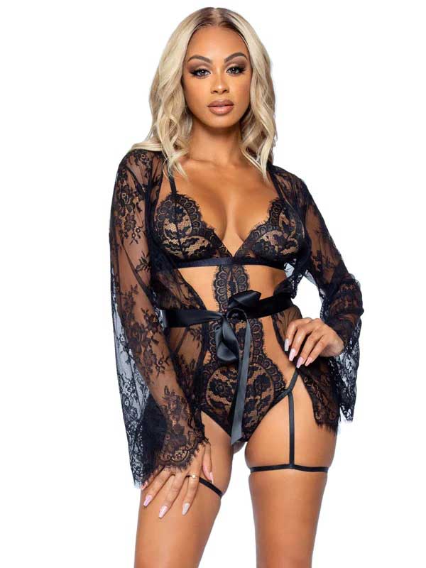 All Romance Lace Teddy and Robe Set - Large - Black