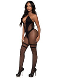 Opaque and Sheer Twist Halter Bodystocking - One Size - Black