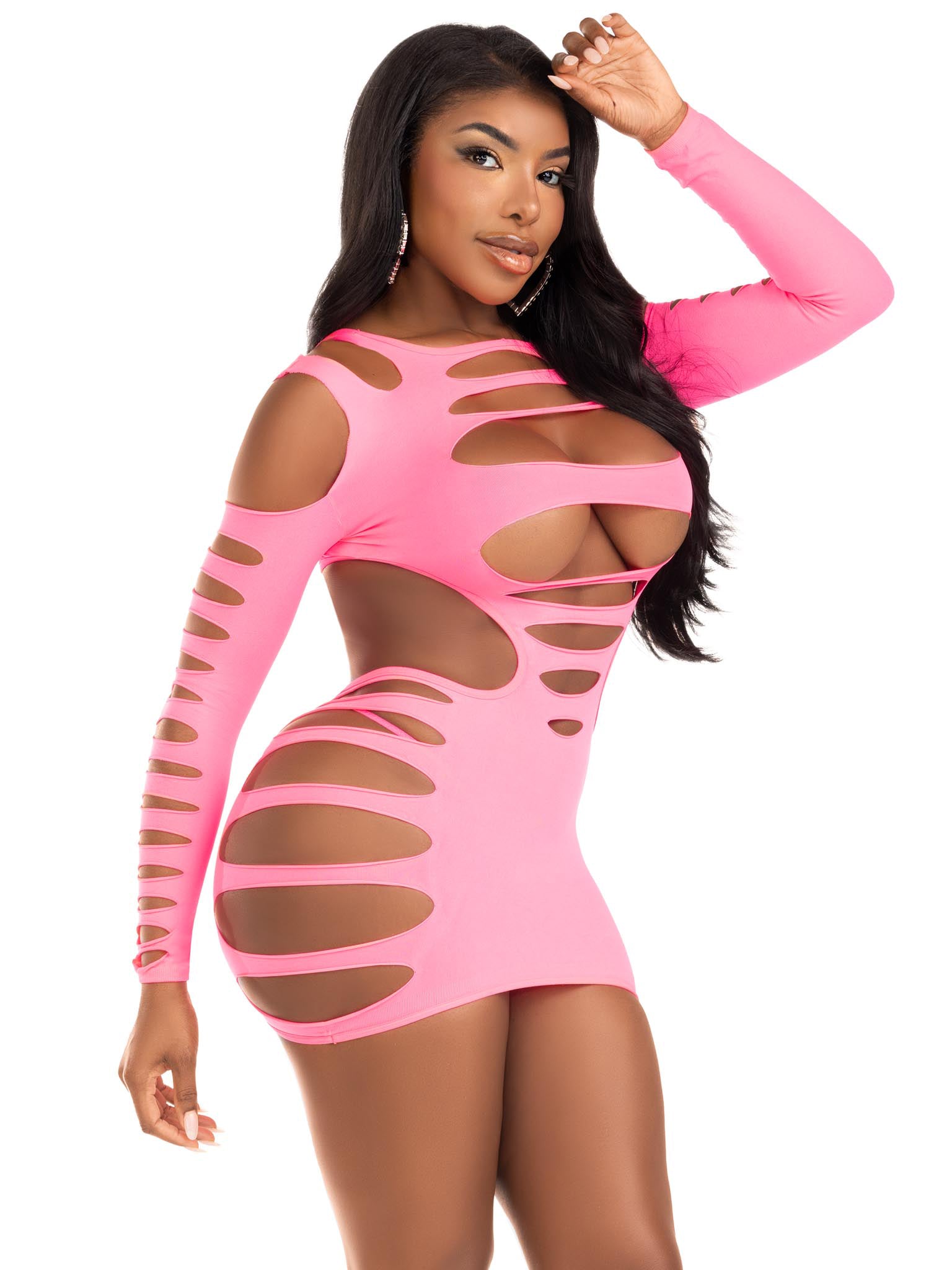 "Opaque Shredded Cut Out Mini Dress - One Size - Neon Pink LA-87211NPNKOS"