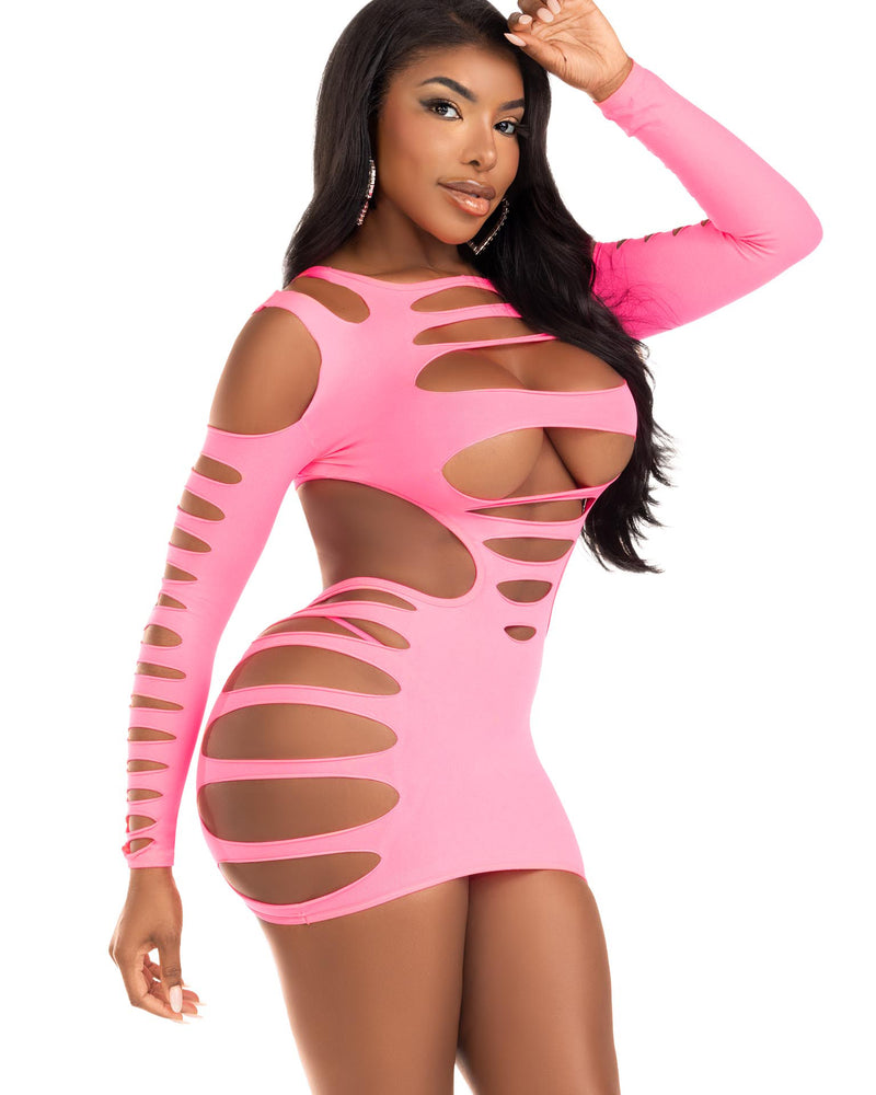 "Opaque Shredded Cut Out Mini Dress - One Size - Neon Pink LA-87211NPNKOS"
