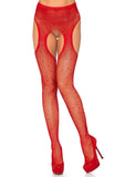 Casey Rhinestone Fishnet Suspender Pantyhose - One Size - Red