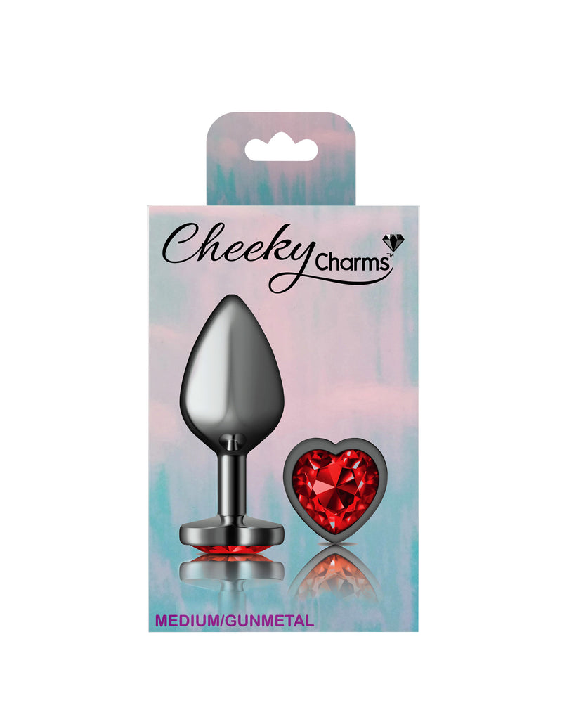 Cheeky Charms-Gunmetal Metal Butt Plug- Heart-Dark Red-Medium