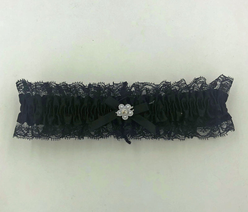 "Satin Leg Garter - One Size - Black With Black Lace EM-3555BLK"