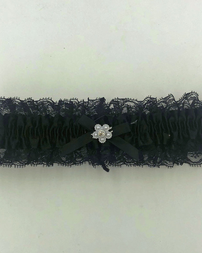 "Satin Leg Garter - One Size - Black With Black Lace EM-3555BLK"
