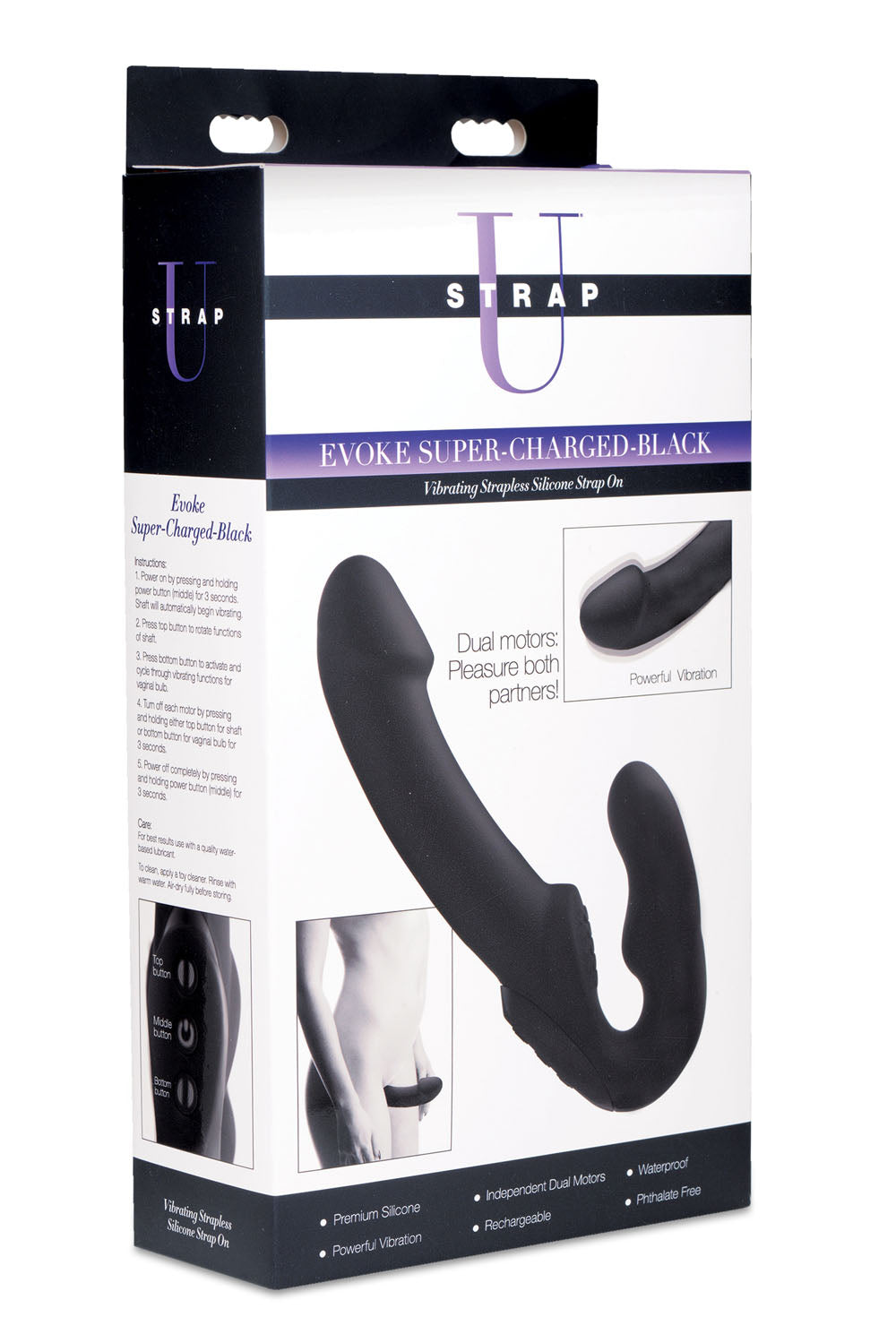 Evoke Rechargeable Vibrating Silicone Strapless Strap on - Black