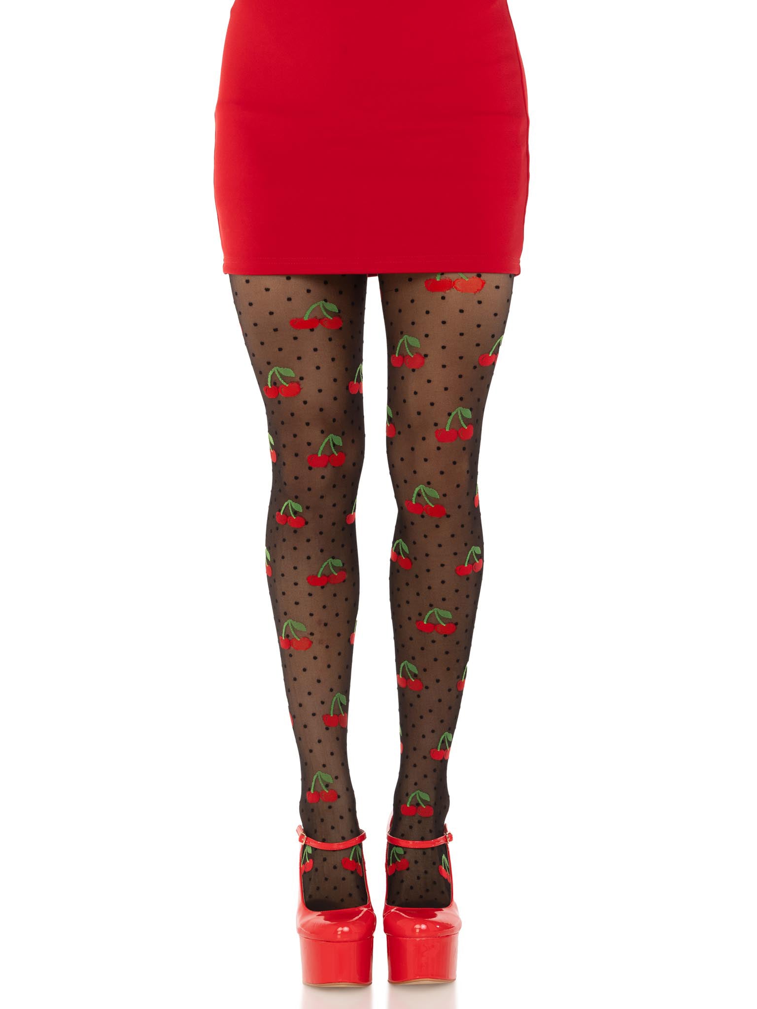 "Polka Dot Cherry Tights - One Size - Black LA-7701BLKOS"