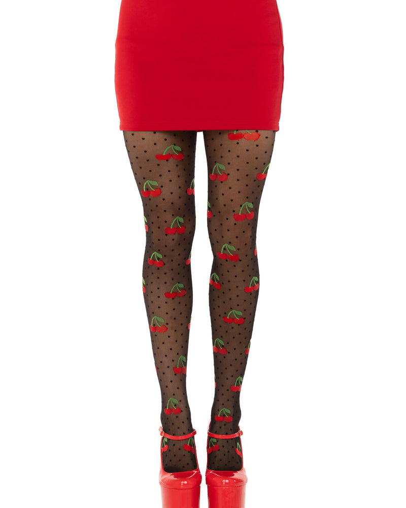 "Polka Dot Cherry Tights - One Size - Black LA-7701BLKOS"