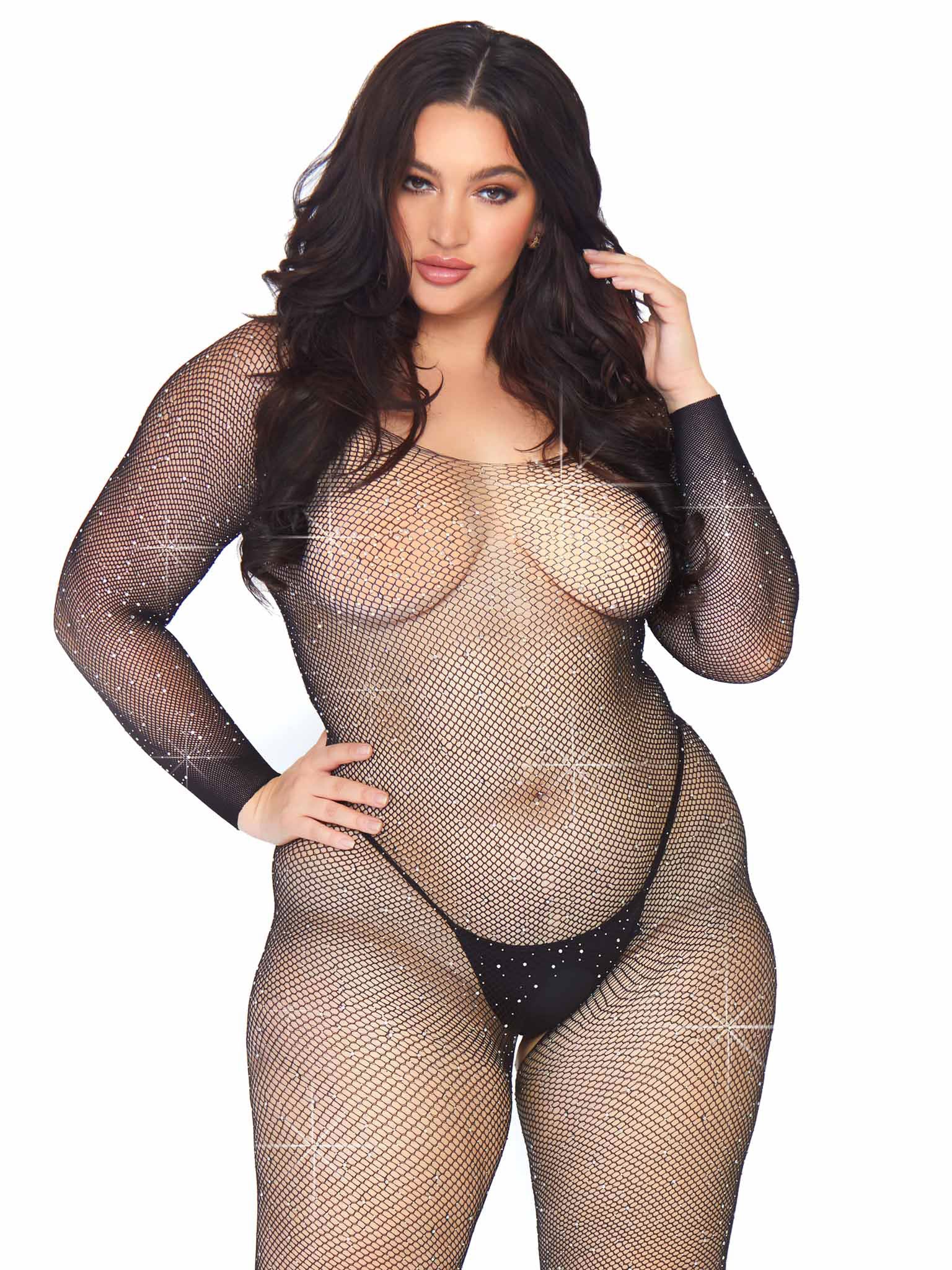 Crystalized Seamless Fishnet Long Sleeved Bodystocking - 1x/2x - Black