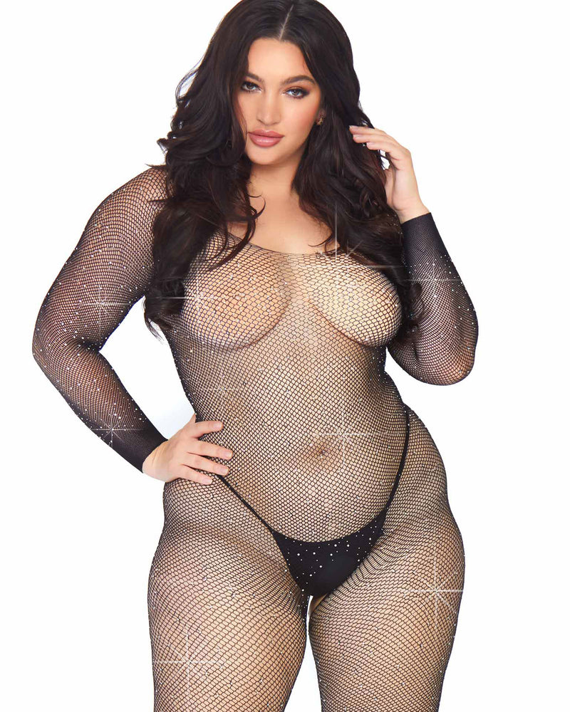 Crystalized Seamless Fishnet Long Sleeved Bodystocking - 1x/2x - Black