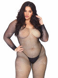 Crystalized Seamless Fishnet Long Sleeved Bodystocking - 1x/2x - Black