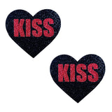 "Kiss Red and Black Valentine Glitter Heart Nipple Cover Pasties NN-RKI-HRT-BM"