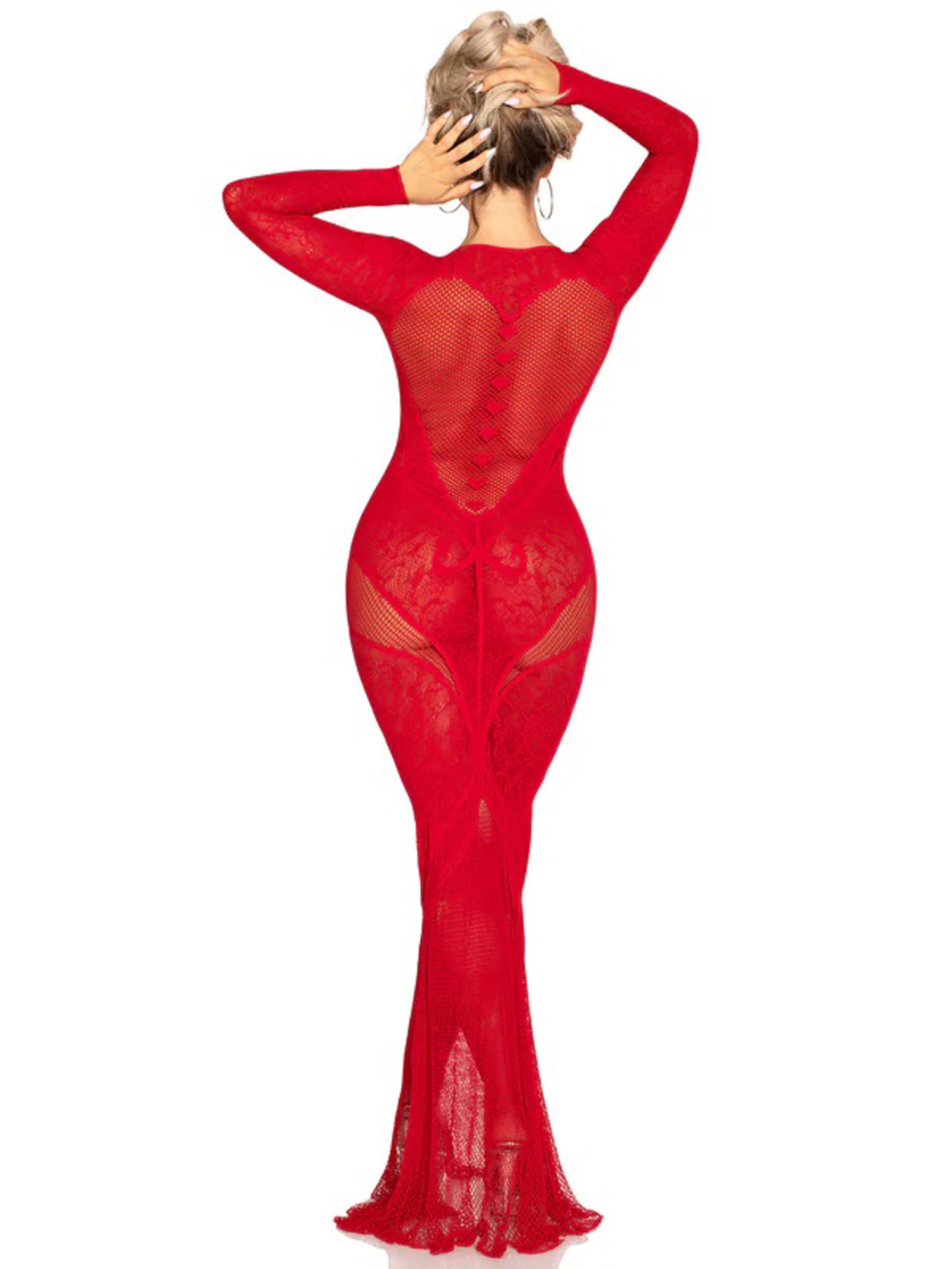 Red Lace and Net Body Con Gown - With Heart Keyhole Detail - Os