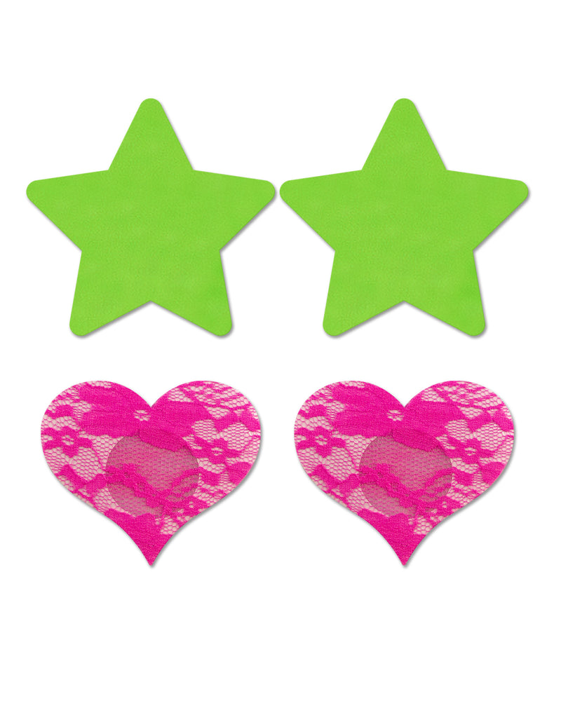 Fashion Pasties Set - Neon Green Solid Star and Neon Pink Lace Heart