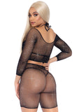 "2 Pc Rhinestone Fishnet Crop Top and Biker Shorts - Black - One Size LA-81608BLK"