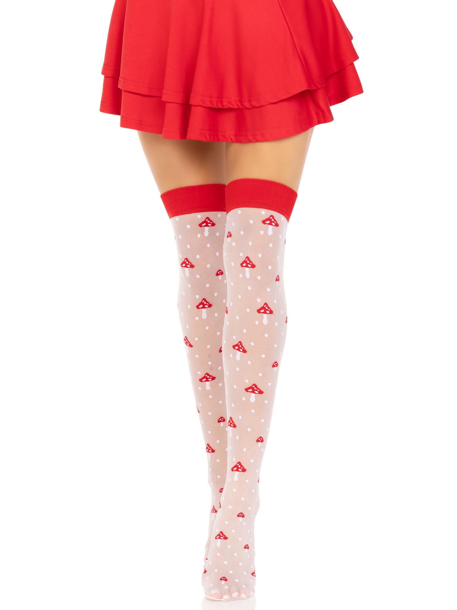 Polka Dot Mushroom Thigh High - One Size - White/red