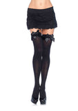 "Opaque Thigh Highs With Satin Ruffle Trim and Bow - One Size - Black LA-6010"