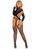 2 Pc Fishnet Halter Suspender Bodystocking and Layered Teddy - One Size - Black