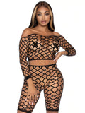 2 Pc Net Crop Top and Bike Shorts - One Size - Black