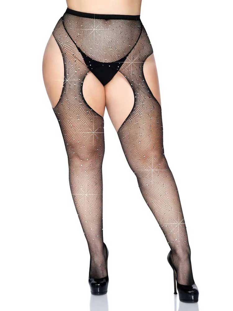 Casey Rhinestone Fishnet Suspender Pantyhose - Queen - Black