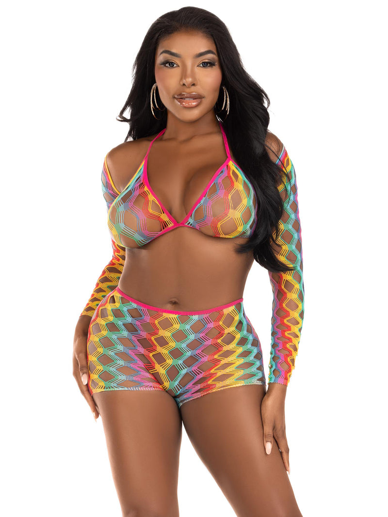 "3 Pc Net Bra Top With Shrug and Boy Shorts - One Size - Multicolor LA-81661MULOS"