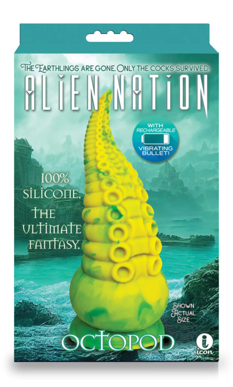 Alien Nation Octopod Silicone Rechargeable Vibrating Creature Dildo - Yellow and Green