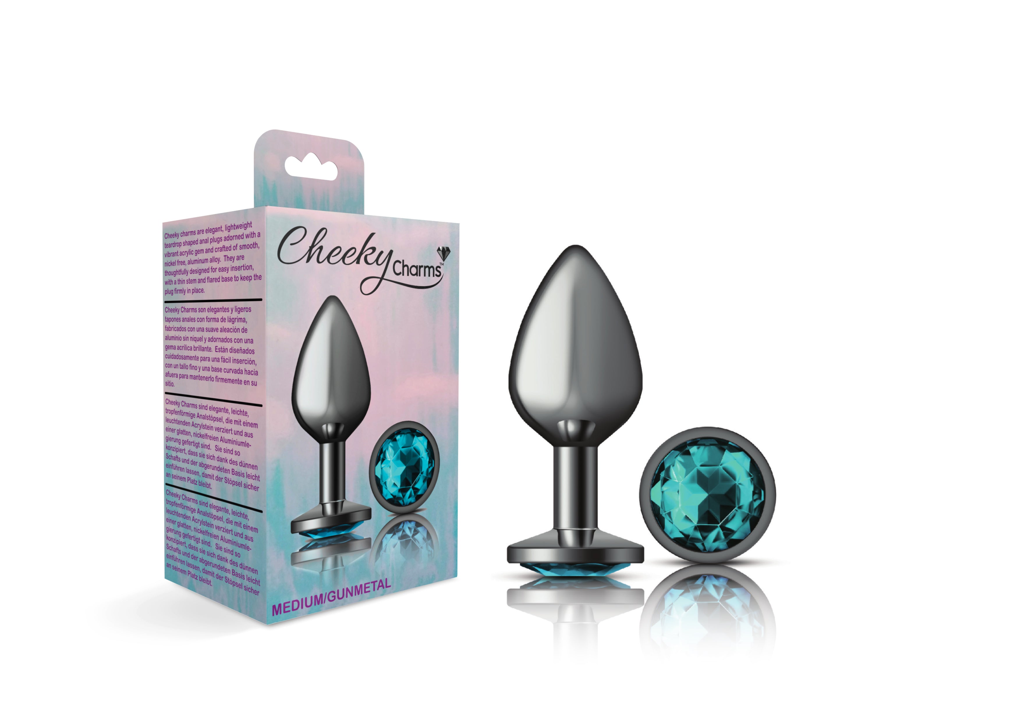 "Cheeky Charms-Gunmetal Metal Butt Plug- Round-Teal-Medium VB-CC9121"