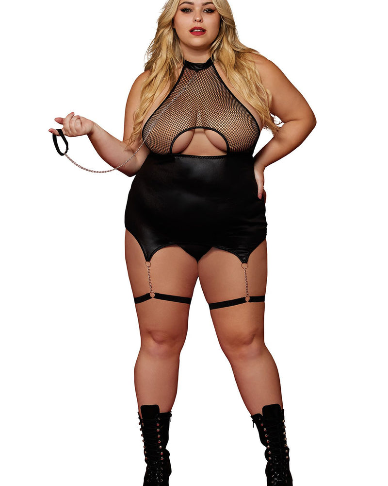 Garter Slip and Leash - Queen Size - Black