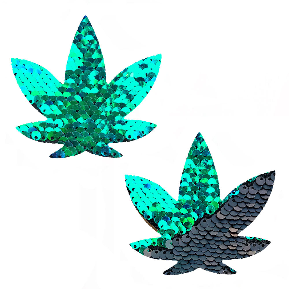 "Ariel - Green to Black Flip Sequin Gold Dope Af Weed Leaf Pasties NN-ARI-WEE-NS"