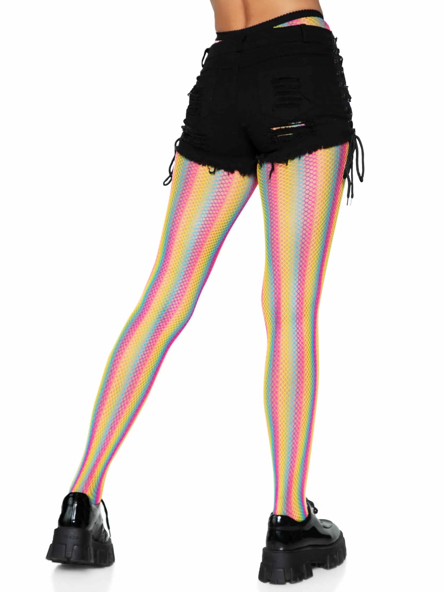 "Neon Rainbow Striped Fishnet Tights - One Size - Multicolor LA-9970MULOS"