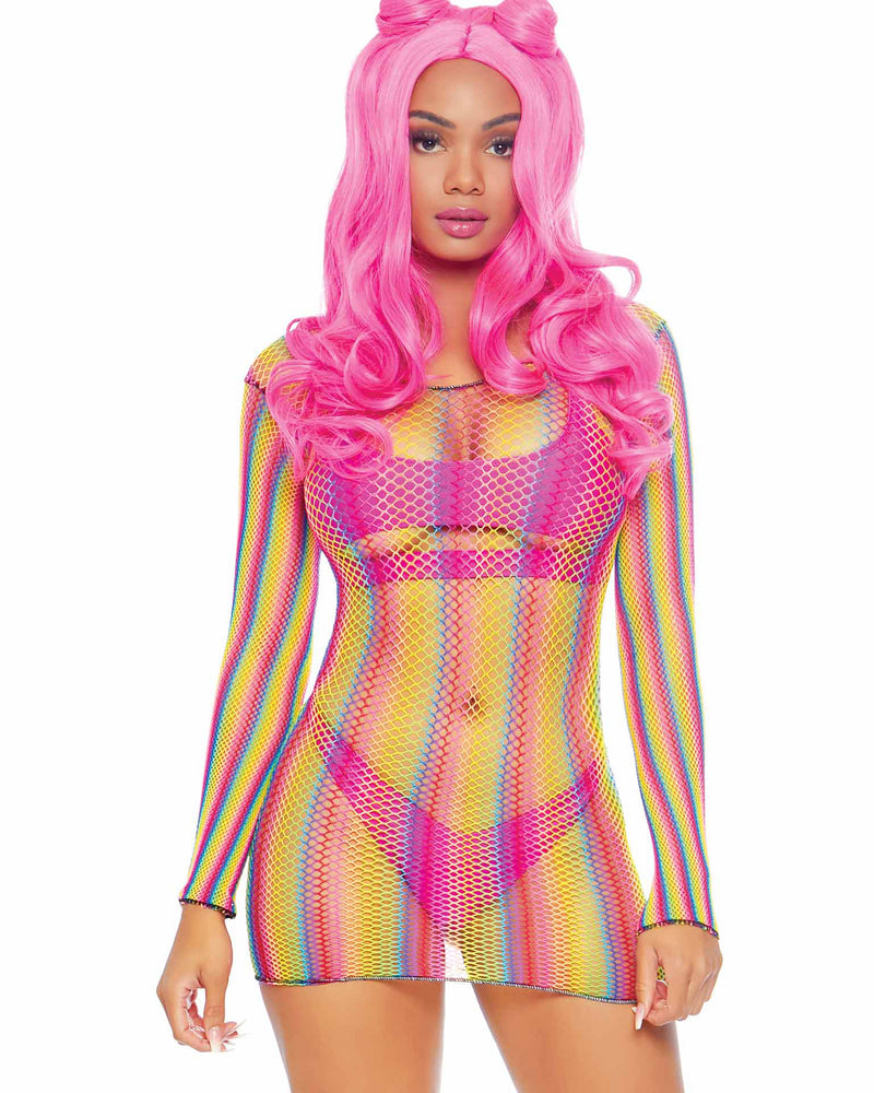 Rainbow Fishnet Long Sleeved Mini Dress - One Size - Rainbow