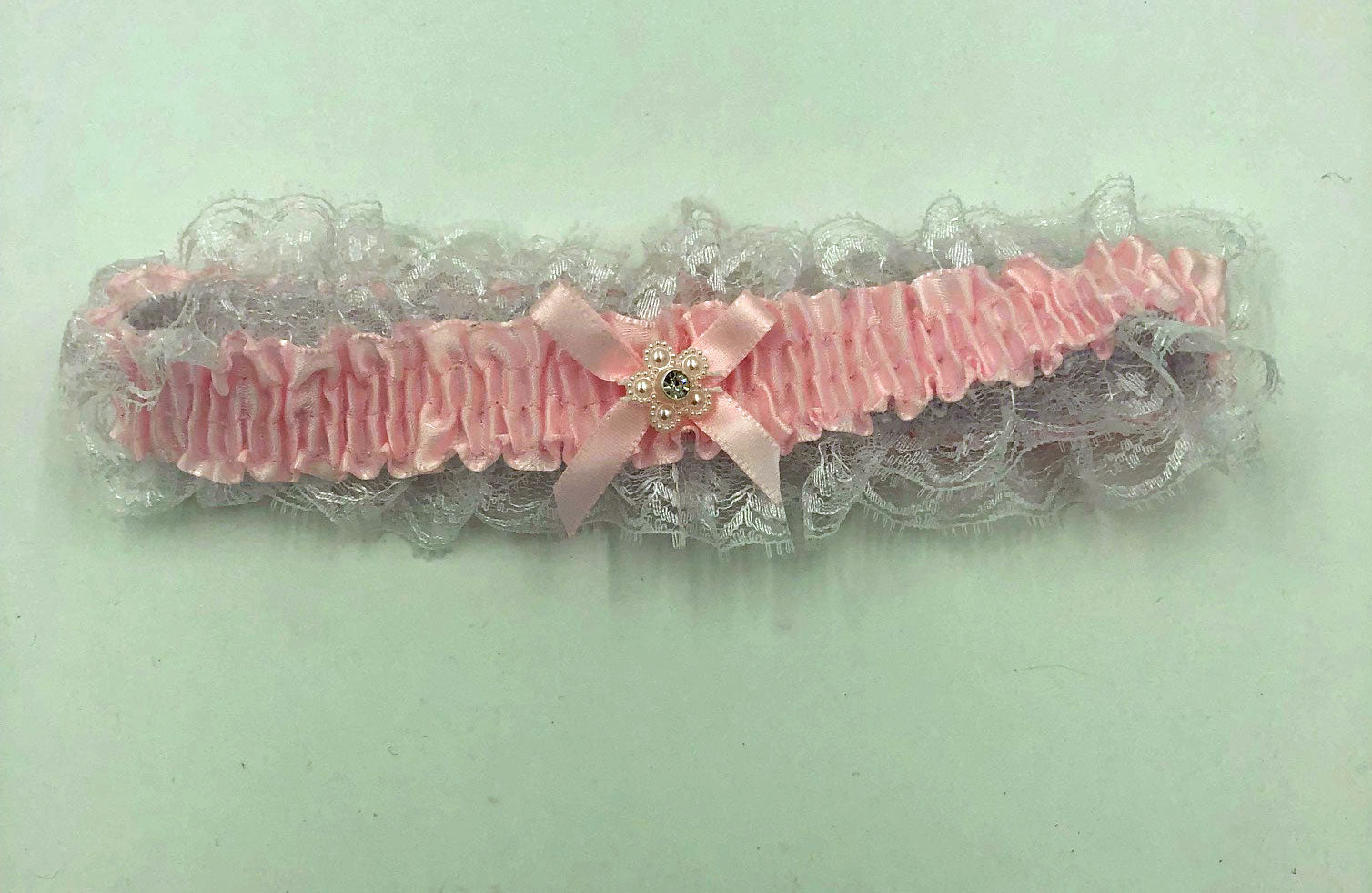 "Satin Leg Garter - One Size - Baby Pink With White Lace EM-3555PK"