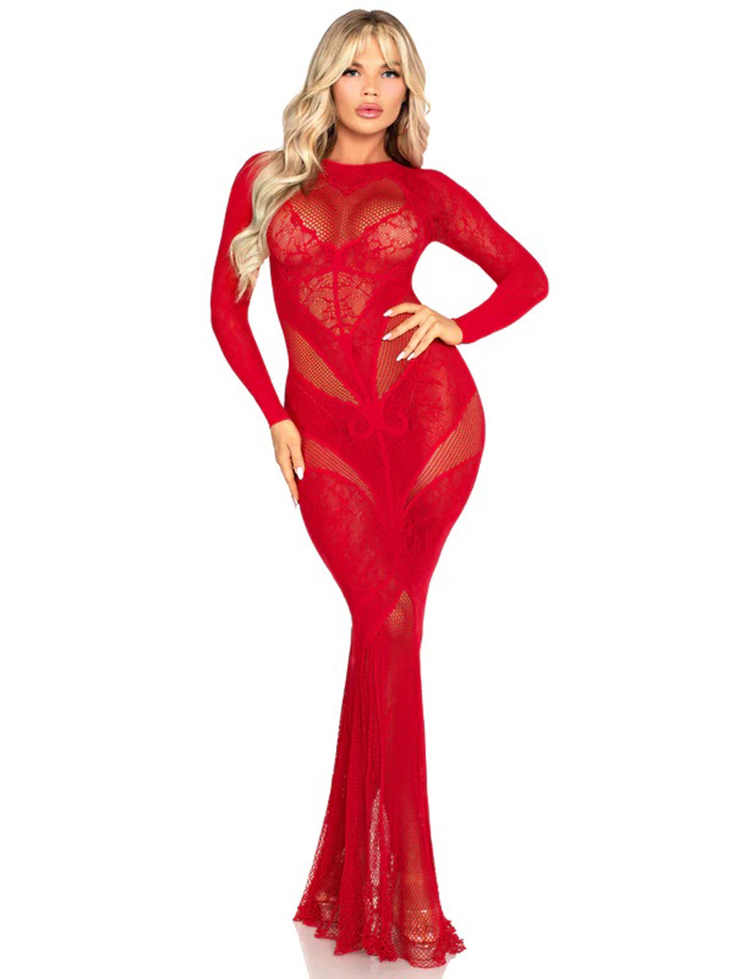 "Red Lace and Net Body Con Gown - With Heart Keyhole Detail - Os LA-86005REDOS"