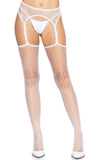 "Industrial Net Stockings With Scalloped Trimmed Attached Garter Belt - One Size - White LA-1956WHTOS"