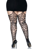 Scroll Lace Stocking With Attached Garter Belt - 1x/2x - Black